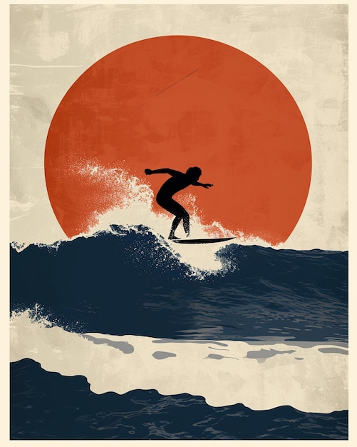 Un'arte del surfista che cavalca un'onda sotto il bel sole