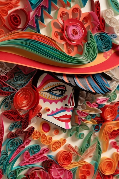 Un'arte di carta colorata con un volto di donna e fiori su di essa