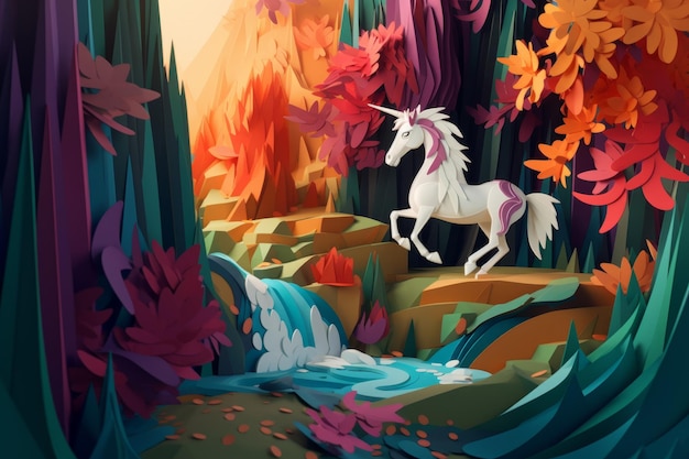 Un'arte di carta colorata di un unicorno nella foresta