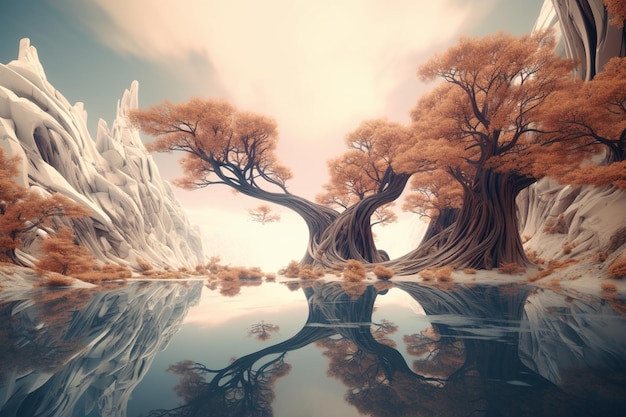 Un'arte digitale di alberi in un lago