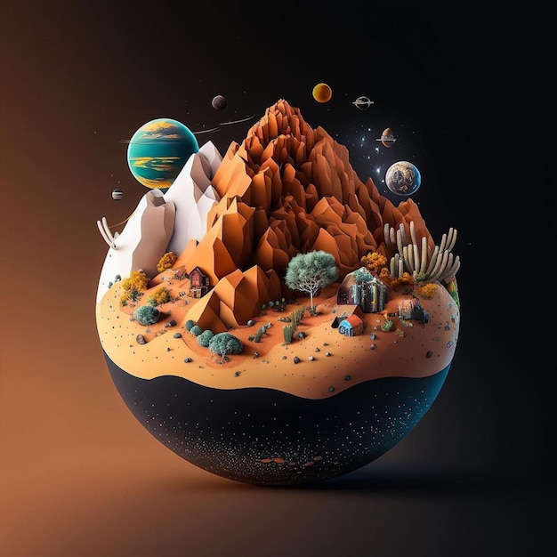 Un'arte digitale di montagne e un pianeta con sopra un pianeta