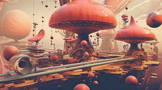 Un'arte digitale di un campo di funghi con un fungo rosso in cima.