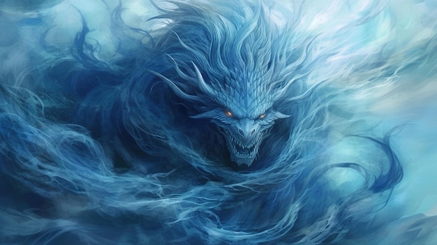 Un'arte digitale di un drago blu con un occhio rosso e una faccia bianca
