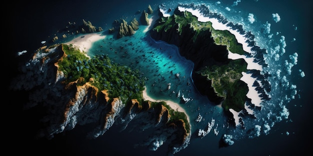 Un'arte digitale di un'isola rocciosa con sopra un albero