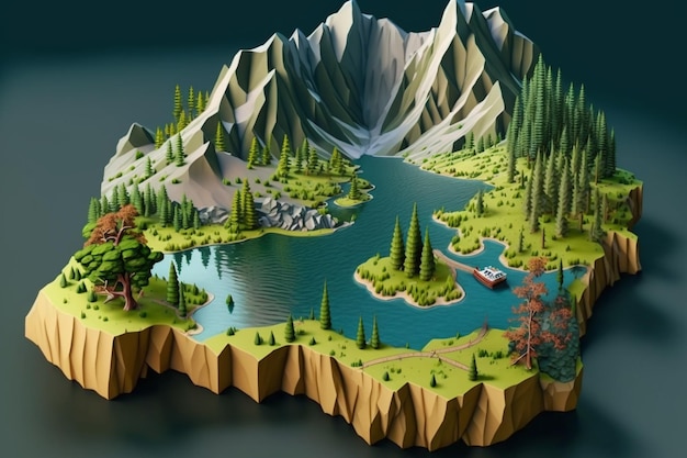 Un'arte digitale di un lago con montagne e alberi.