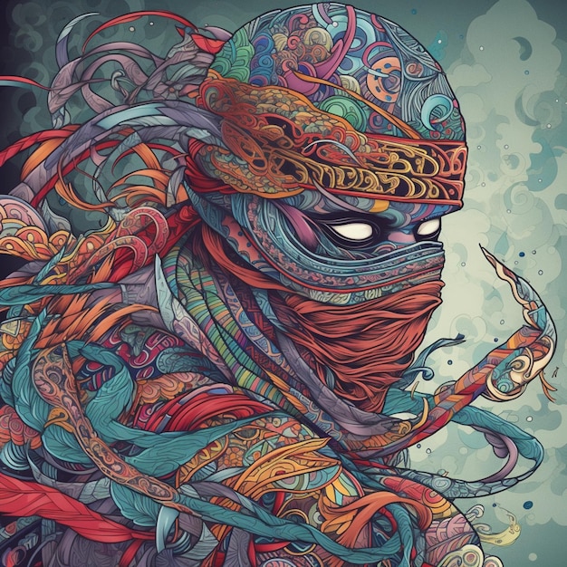 Un'arte digitale di un ninja con una maschera colorata e molti vortici su di essa.