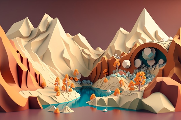 Un'arte digitale di un paesaggio montano con un fiume e montagne sullo sfondo.