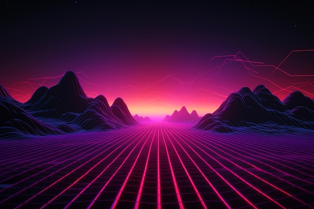 Un'arte digitale di un paesaggio montano con uno sfondo rosa neon.