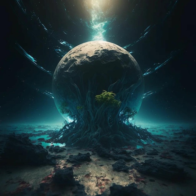 Un'arte digitale di un pianeta con un albero nel mezzo