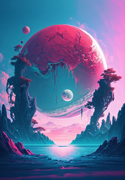 Un'arte digitale di un pianeta con un pianeta rosa sullo sfondo.