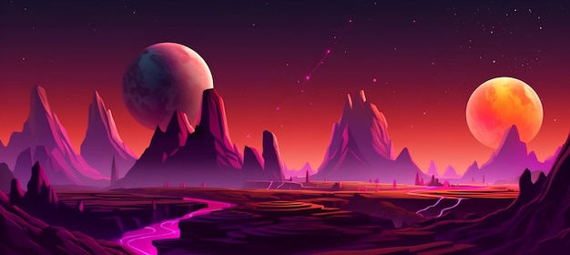 Un'arte digitale di un pianeta con uno sfondo rosa e un pianeta al centro.