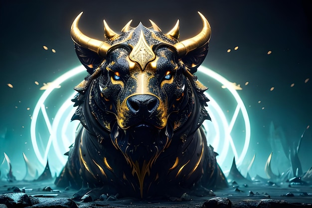 Un'arte digitale di un toro con un cerchio blu dietro
