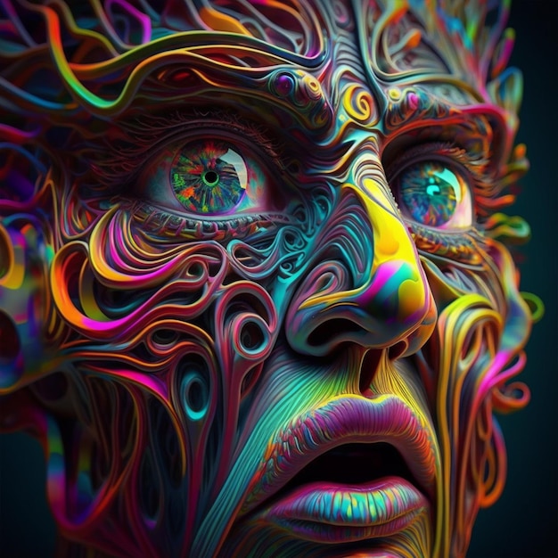 Un'arte digitale di un volto con uno sfondo color arcobaleno.