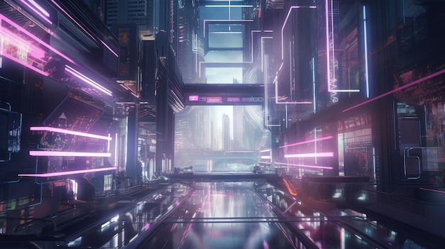 Un'arte digitale di una città con luci al neon e uno sfondo viola