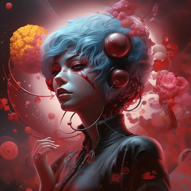 Un'arte digitale di una donna con i capelli blu e uno sfondo rosso con fiori.