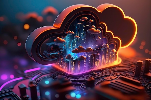Un'arte digitale di una nuvola con una città sullo sfondo