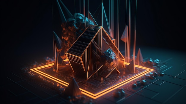 Un'arte digitale di una piramide con luci al neon