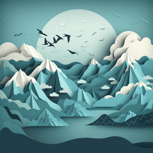 Un'arte ritagliata su carta di montagne e uccelli che sorvolano l'oceano.