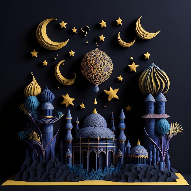 Un'arte tagliata di carta di una moschea con una luna e stelle.
