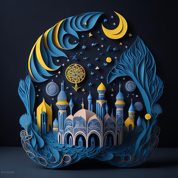 Un'arte tagliata di carta di una moschea con una luna e stelle.