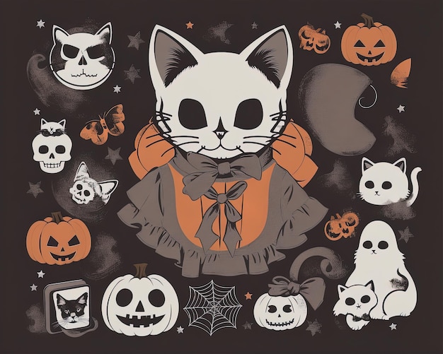 Un'arte vettoriale spaventosa di gatti con un costume di Halloween di zucca