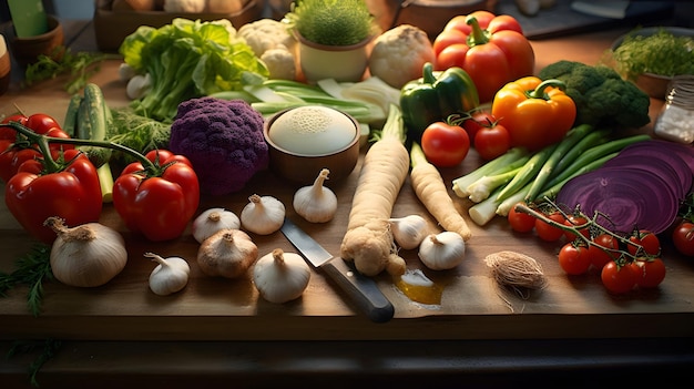 Un'artevole disposizione di verdure fresche di fattoria