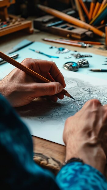 Un artigiano che disegna in dettaglio un ornato gioiello su un foglio bianco