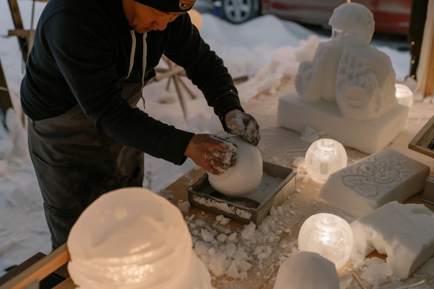Un artigiano che usa uno stampo per modellare una lanterna da neve con esempi finiti nelle vicinanze