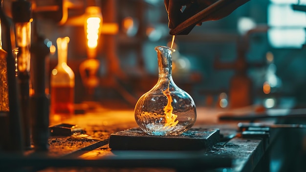 Un artista del vetro usa un pontile per modellare un vaso arancione luminoso in una fornace ardente in un tradizionale
