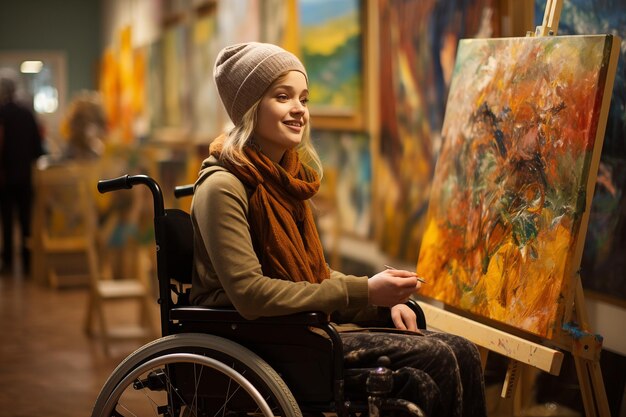 Un'artista in sedia a rotelle dipinge un quadro