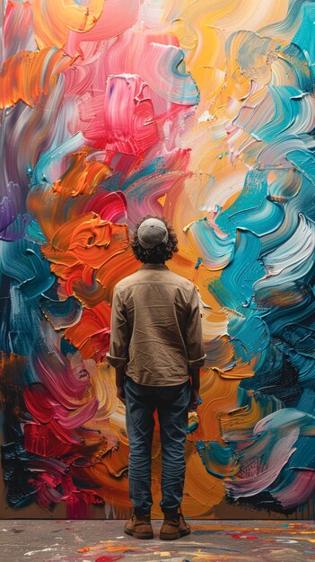 Un artista maschio in piedi davanti a un muro dipinto con colori diversi