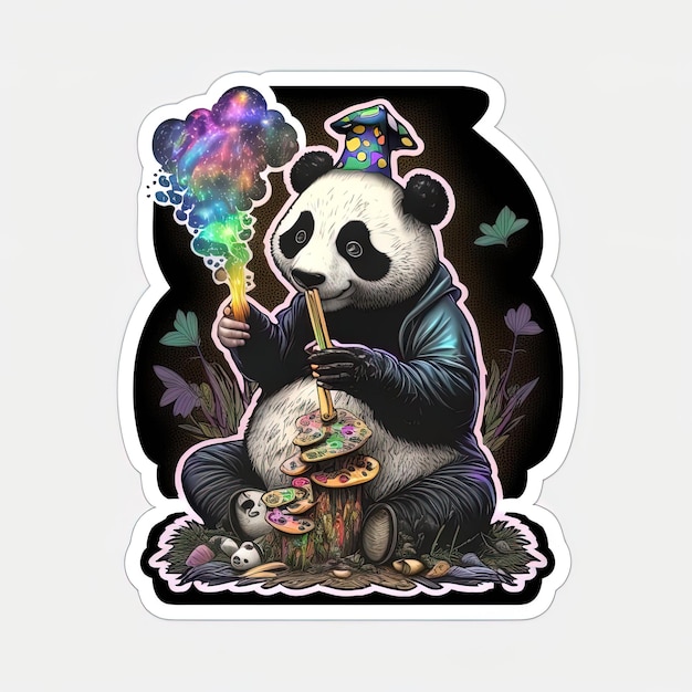 Un artista panda che dipinge un fungo con un arcobaleno in testa.