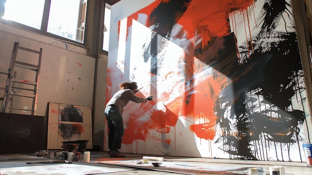 Un'artista sta lavorando duramente nel suo studio per aggiungere gli ultimi tocchi a un grande dipinto astratto