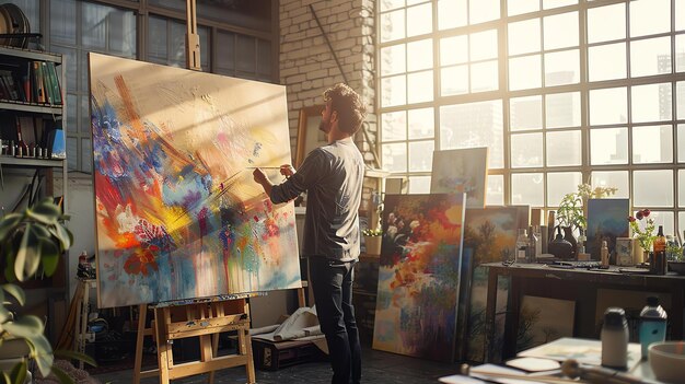 Un artista sta lavorando sodo nel suo studio per dare gli ultimi tocchi a un grande dipinto astratto