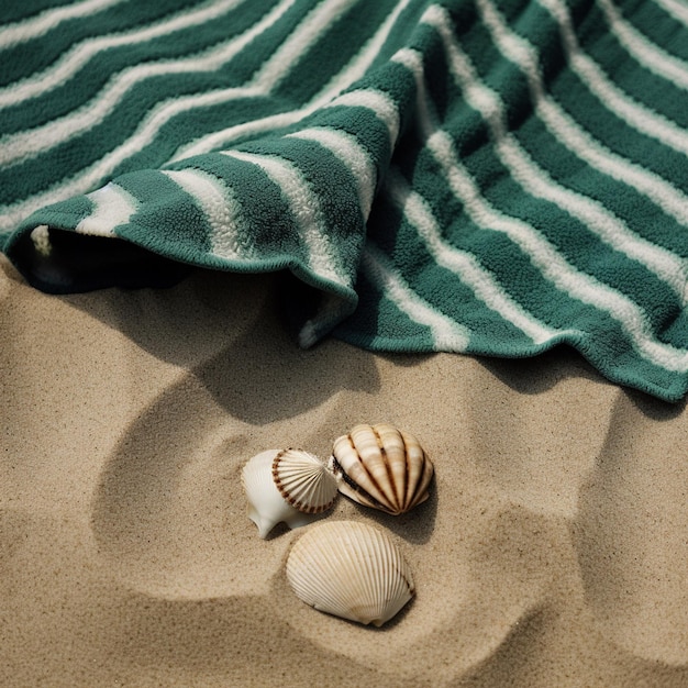 Un asciugamano a strisce verdi e bianche è su una spiaggia con sopra delle conchiglie.