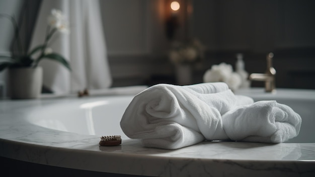 Un asciugamano bianco giace sul bancone del bagno accanto a una vasca da bagno.