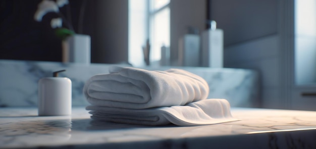 Un asciugamano bianco sopra un lavandino di marmo