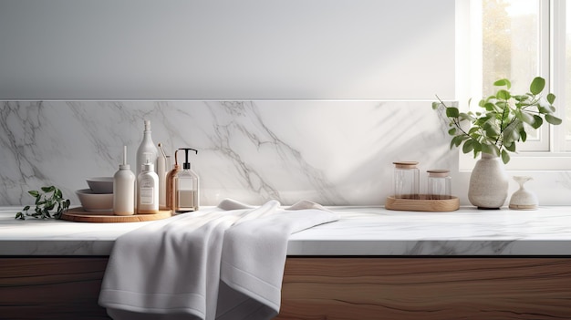un asciugamano da cucina posizionato elegantemente su un bancone di marmo vuoto all'interno di un interno luminoso progettato in uno stile minimalista moderno la semplicità ed eleganza della scena