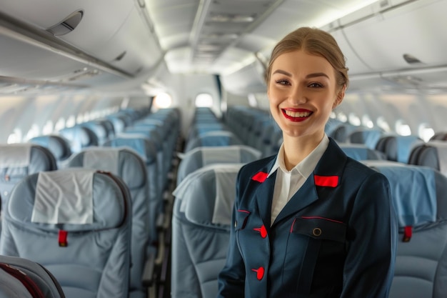 Un assistente di volo di cabina sorridente in uniforme in un aereo vuoto