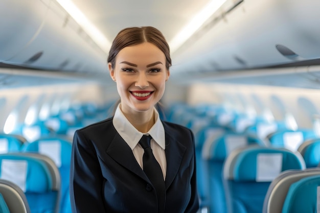 Un assistente di volo di cabina sorridente in uniforme in un aereo vuoto