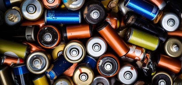 Un assortimento colorato di batterie un mucchio di batterie di colori diversi