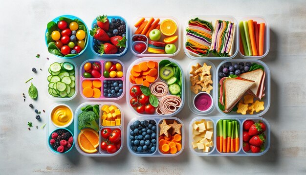 Un assortimento colorato di opzioni salutari per il pranzo in contenitori per la preparazione dei pasti