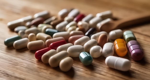 Un assortimento colorato di pillole su una superficie di legno