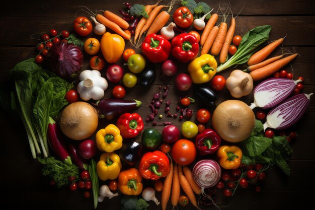 Un assortimento colorato di verdure e frutta sane in una vista dall'alto piatto giaceva su uno sfondo scuro