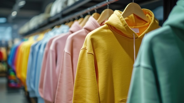 Un assortimento di colori pastello abbigliamento casual cappuccino su appendiabiti in negozio di abbigliamento da vicino