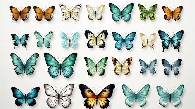 Un assortimento di illustrazioni di farfalle ad acquerello a colori vivaci per cartoline postali e inviti