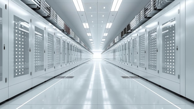 Un astratto di una moderna sala di data center internet ad alta tecnologia che mostra file di racks con reti e server