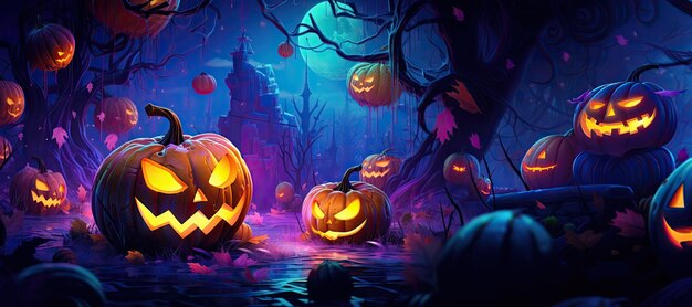 un astratto zucche di Halloween colori al neon un male infestato occhi luminosi di Jack O Lanterns