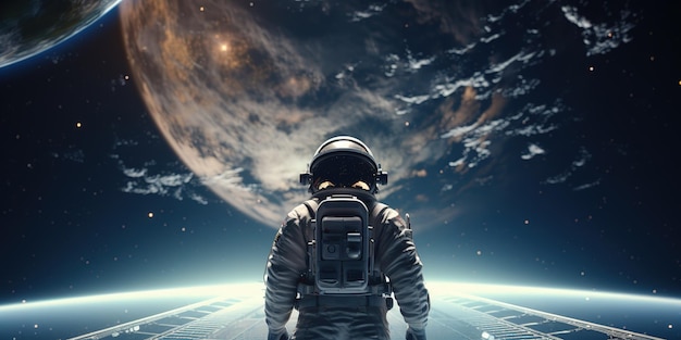 Un astronauta astronauta si trova su un ponte di stelle riflettenti e guarda nello spazio miliardi di stelle e galassie