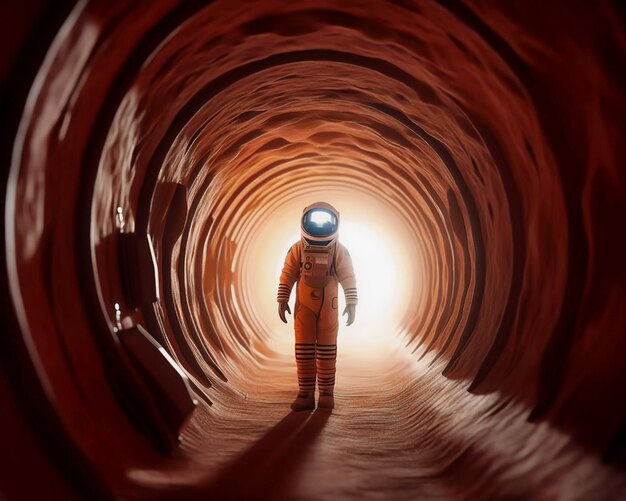 Un astronauta attraversa un tunnel con la luce che lo illumina